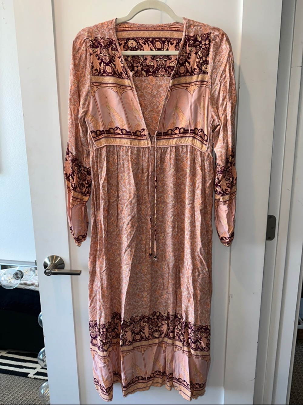 Bohemian Pink Paisley Midi Dress with Tie Front